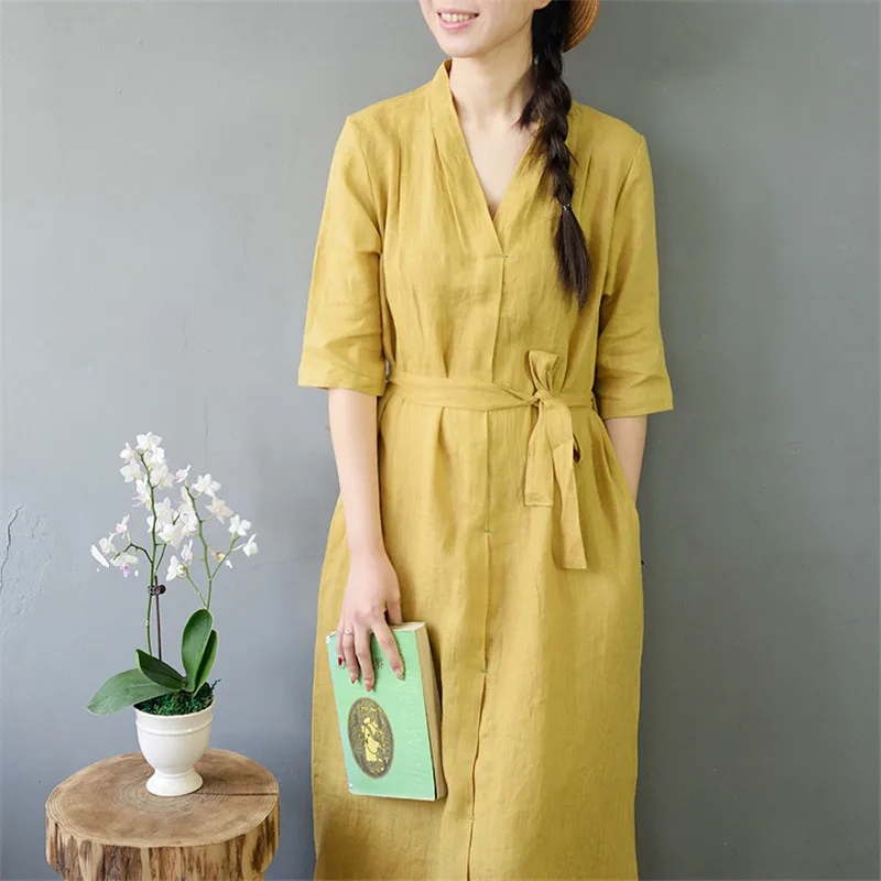 

SCUWLINEN 2020 Summer Autumn Women Dress V-neck Solid Slim Three Quarter Sleeve Loose Long Linen Dress Casual Robe Vestidos S796