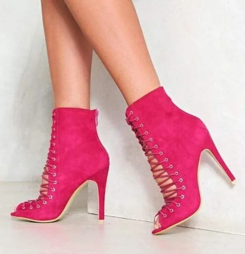 

Fashion Fuchsia Suede Runway Bootie Peep toe Lace-up High Heel Gladiator Boots Women Back Zipper Cage Shoes Women Customized