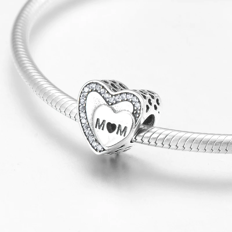 Fashion letter MOM 925 Sterling Silver Mother's Day gift clear CZ fine beads Fit Original Pandora Charm Bracelet Jewelry making |