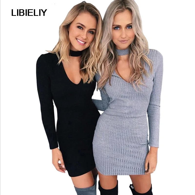 Осенне-зимнее женское платье с длинным рукавом сексуальное черное трикотажное