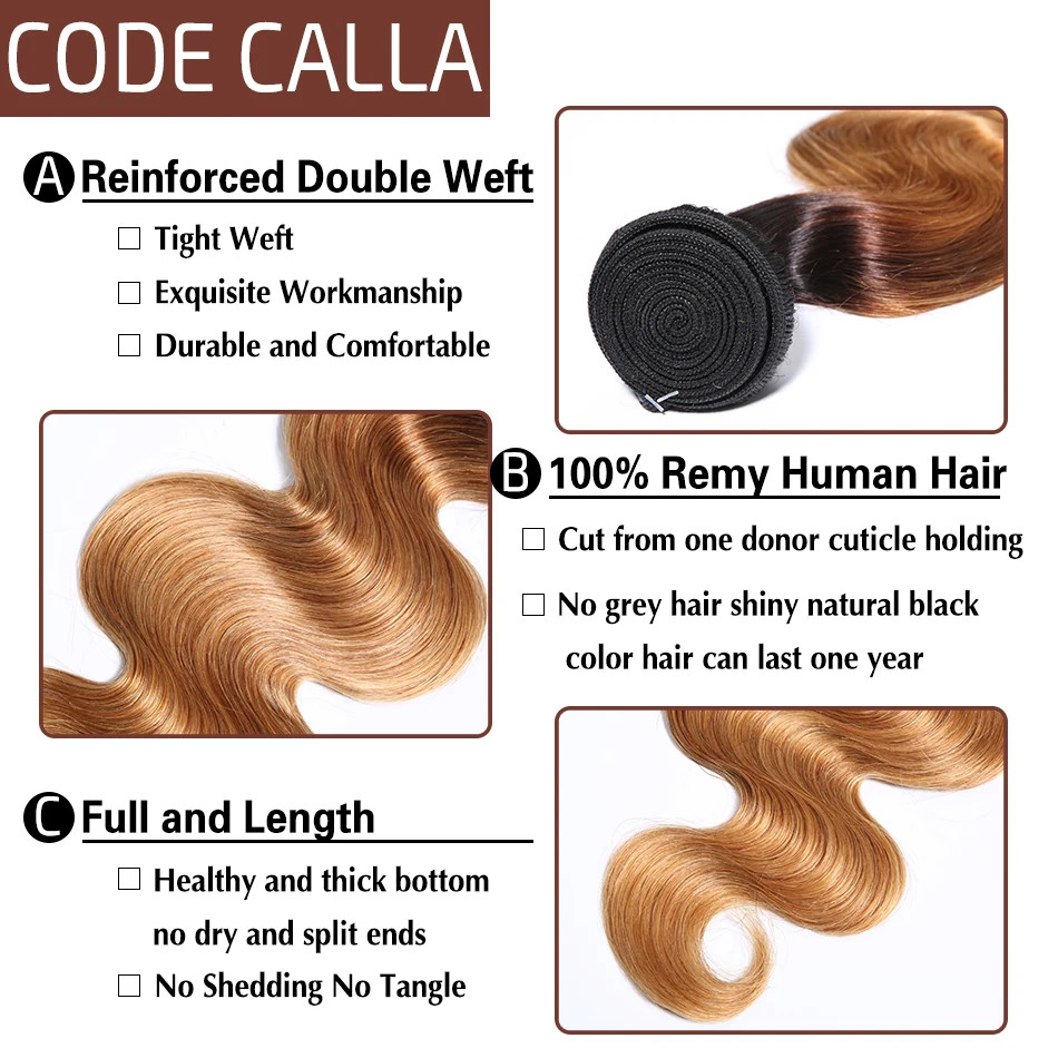 Код Calla Ombre цвет тела волна Связки с 4*4 Кружева Закрытие Необработанные бразильские необработанные девственные человеческие волосы Weft расширение