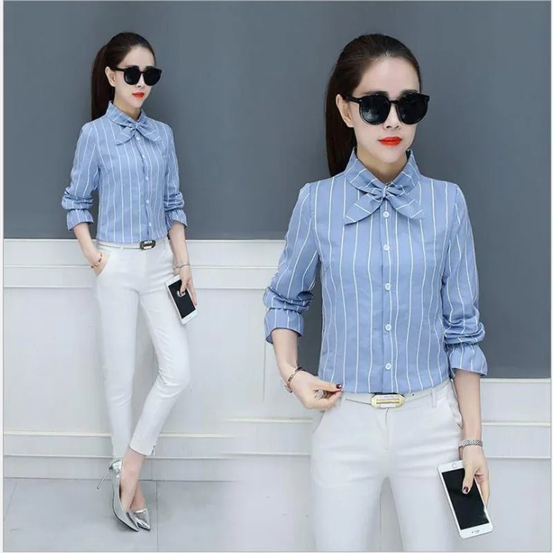 Fashion Striped Spring Autumn Women Shirts 2018 New Sweet Bow Work Blouses Long Flare Sleeve Slim Office Lady Blouse Q060 | Женская