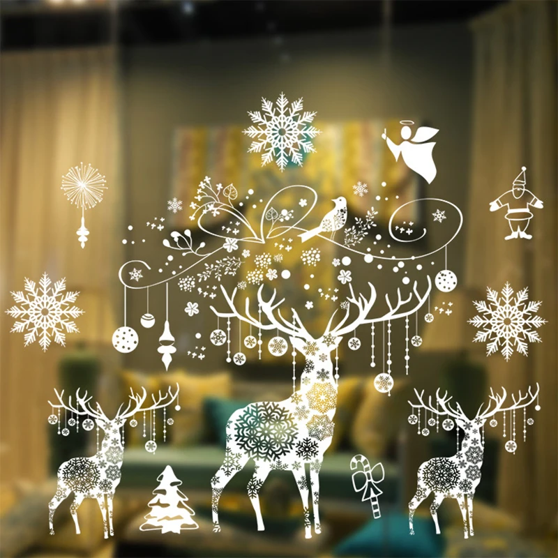 Фото Новогодние наклейки на окно фрески украшения без клея зеркальная поверхность