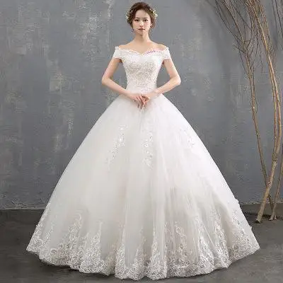 Mrs Win Vestido De Noiva Новое свадебное платье принцессы с вырезом лодочкой и открытыми плечами классическое свадебное платье с аппликацией F - Цвет: off white