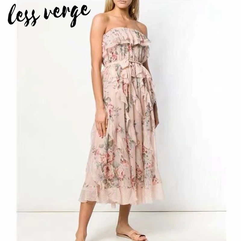 Lessverge Straplss шифоновое длинное платье с рюшами и розовым цветочным принтом женское