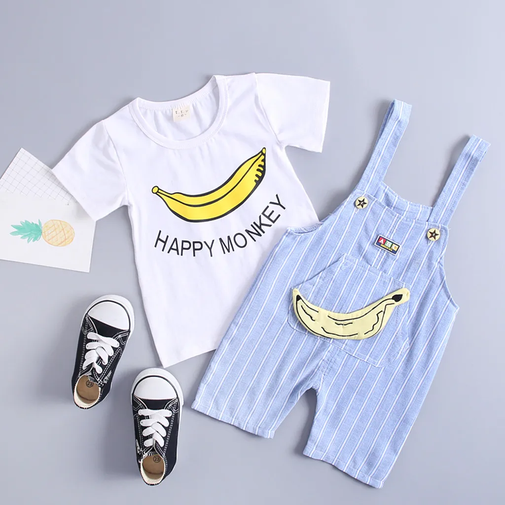 Summer Kids Baby Girl kid boy clothing set Cartton Print Tops T Shirt Overall Striped Pants Outfits Bebek giyim infantil #EW | Детская