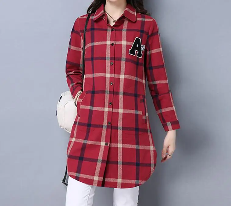 

M-3XL Hot / Spring Women New Fashion Pure cotton plaid loose plus-size shirt