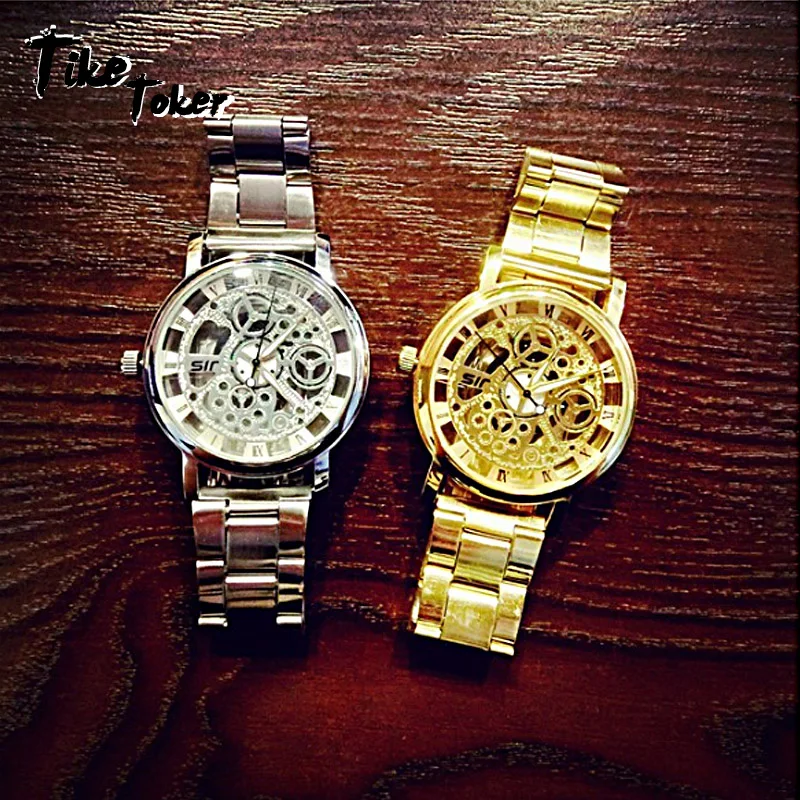 

TIke Toker Fashion Casual New Brand Luxury Stainless Steel Men Skeleton Watch Women Dress Wristwatch Steel Quartz Hollow Watches
