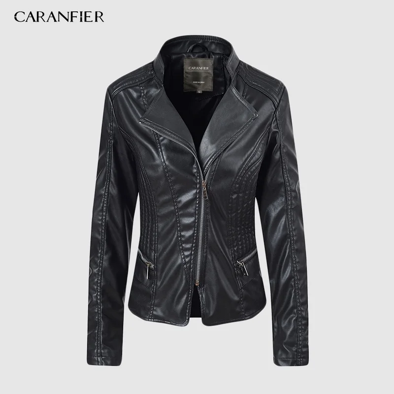 Женская кожаная куртка CARANFIER мотоциклетная осенняя из искусственной кожи на
