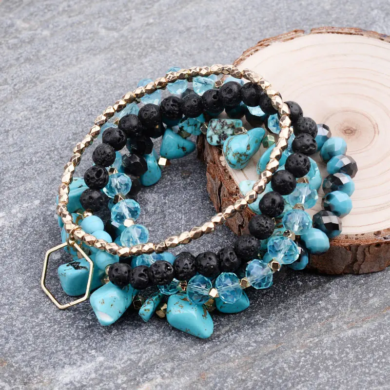 5 шт./компл. Boho Для женщин браслеты с подвесками Браслеты ювелирные изделия Натуральный камень бирюзой черный вулканический камень в виде граненых стеклянных Браслеты Femme BCSET274