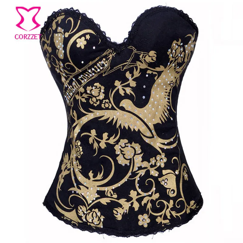 

Gold / Silver Phoenix &Floral Prints with Rhinestone Sexy Bustier Steampunk Corset Gothic Clothing Women Burlesque Show Corselet
