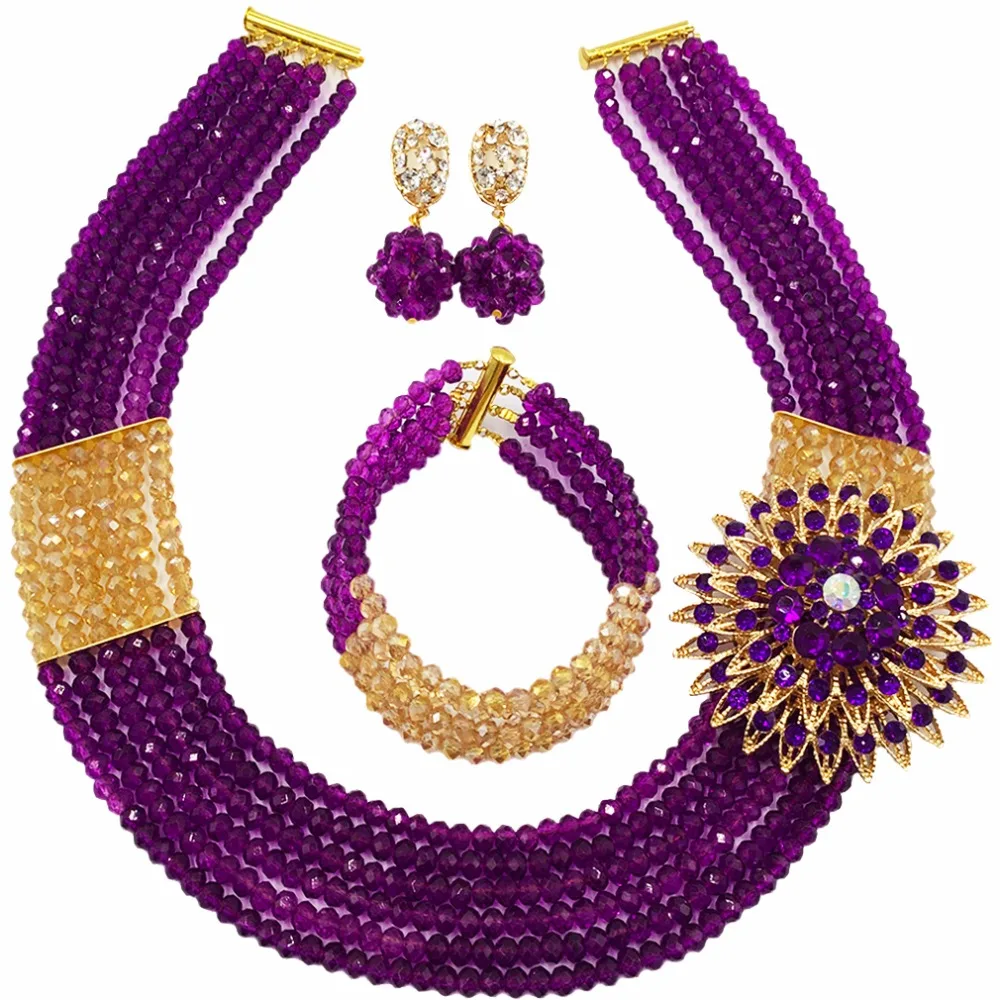 Модный Фиолетовый золотой AB набор из нескольких нитей бусин ожерелье