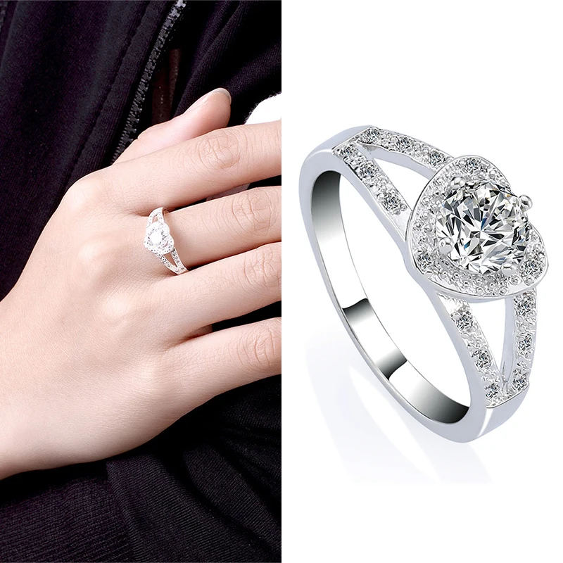 1 шт. кольцо в форме сердца с серебристыми кристаллами|Обручальные кольца| |