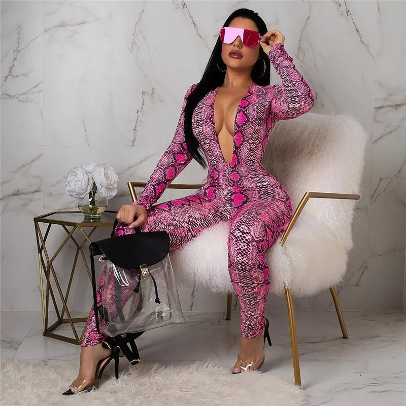 Женский Облегающий комбинезон из змеиной кожи с глубоким v образным вырезом и