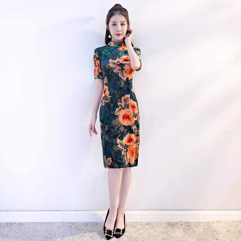 Новинка бархат цветок Cheongsam сексуальный Qipao новинка тонкий цветочный принт