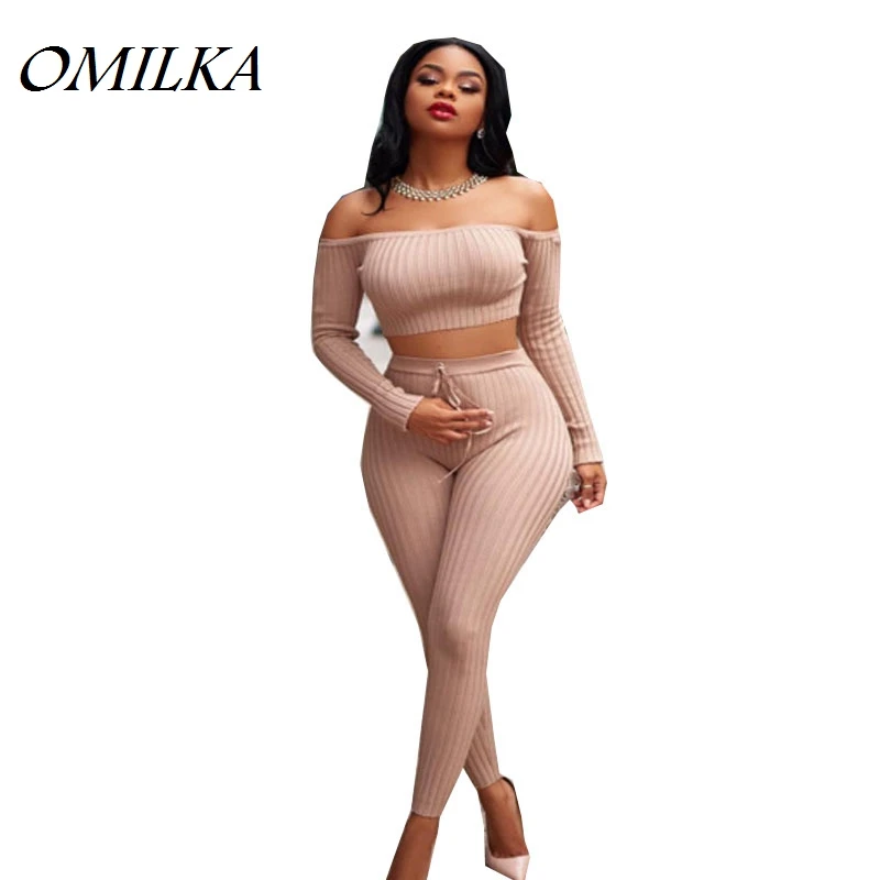 

OMILKA Crop Top and Pant Set 2017 Autumn Winter Long Sleeve Off the Shoulder Bodycon Bandage Knitted Clothing Set Tracksuits