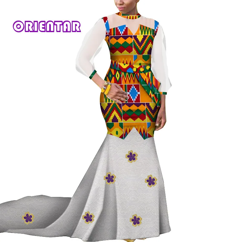 Women African Lace Dresses for Traditional Wedding Long Sleeve Dashiki Dress Elegant Lady Evening Maxi Dress WY4997