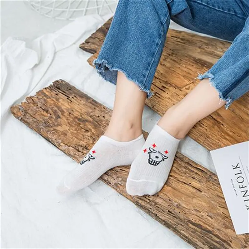 White Socks Women Lovely Cotton Expression Print Invisible Socks Heel Silica Gel Non-slip Girl Boat Socks Funny