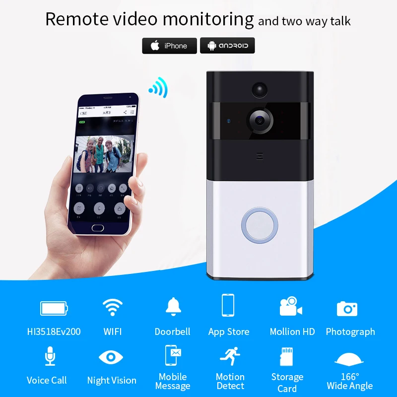 Meisort видео дверной звонок wifi Беспроводная ip-камера cctv камера встроенный 18650 batery |