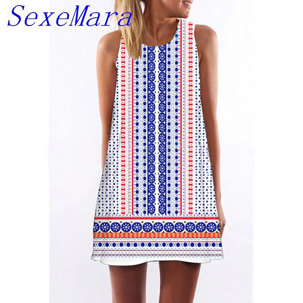 SexeMara Лето Dress Женщины Платья Без Рукавов Цветочные Печатный Мини Party Женский мода