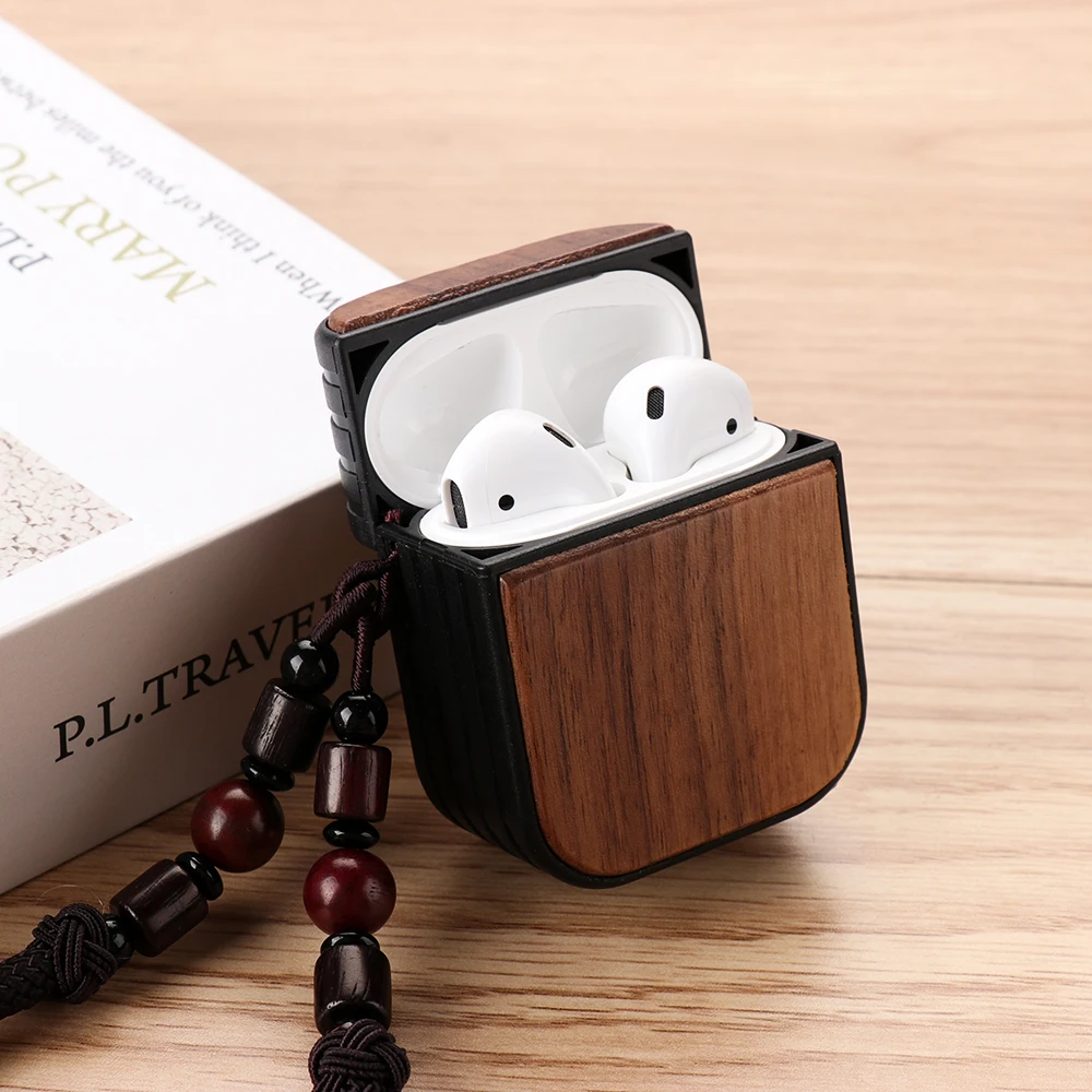 Натуральный Деревянный чехол Airpods роскошный ручной работы с ремешком грецкий орех палисандр для Apple защитный чехол для Airpods Skock Proof