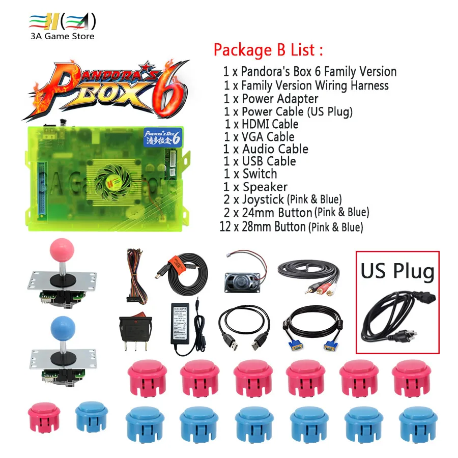 B set - US plug Pandora box 6 1300 в 1 семейная версия джойстик кнопка и жгут проводов DIY аркадный контроллер аксессуары usb HDMI VGA выход - Color: B set - US plug