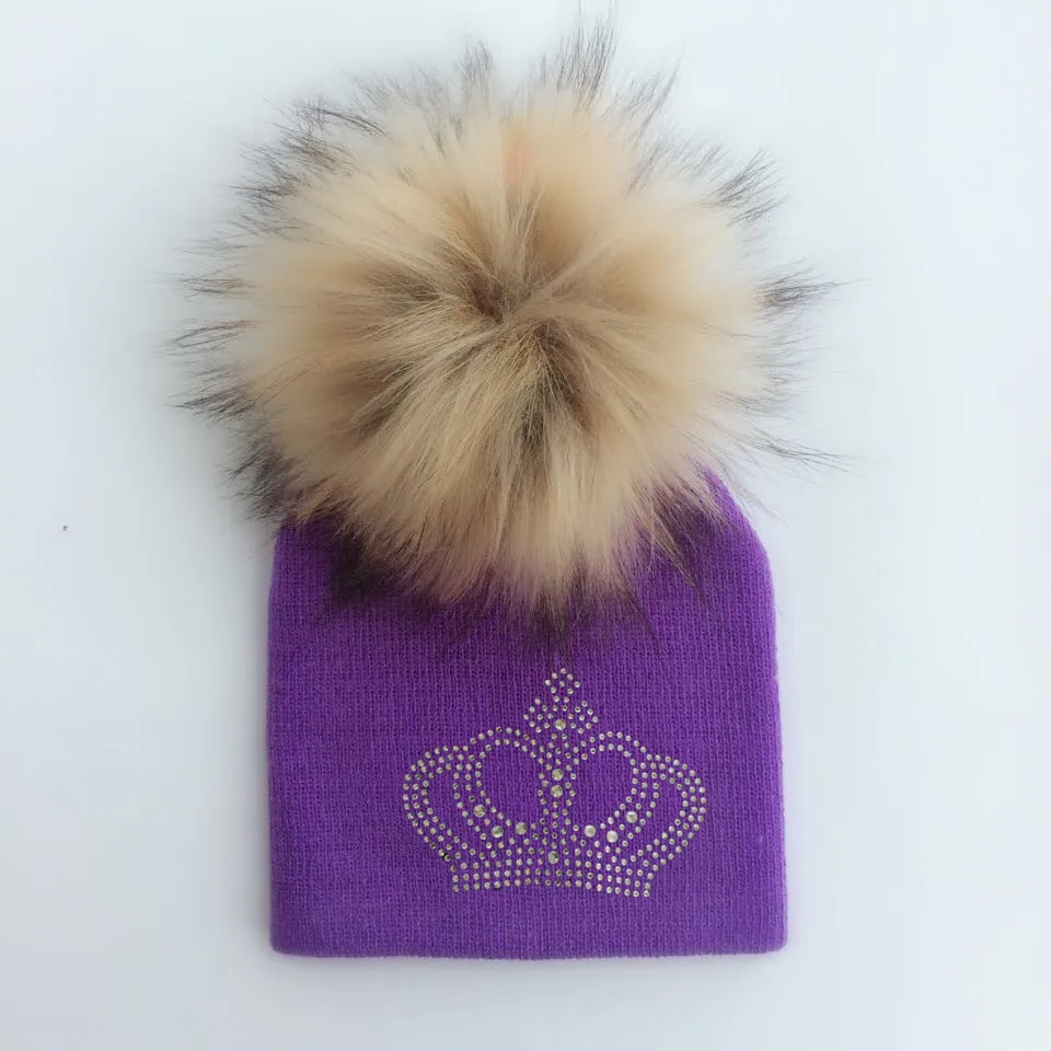 crown purple 2 Детская вязаная теплая Зимняя шерстяная шапка с алмазной вышивкой для девочек и мальчиков, Детские повседневные шапочки короны с помпоном из искусственного меха - Цвет: crown purple 2