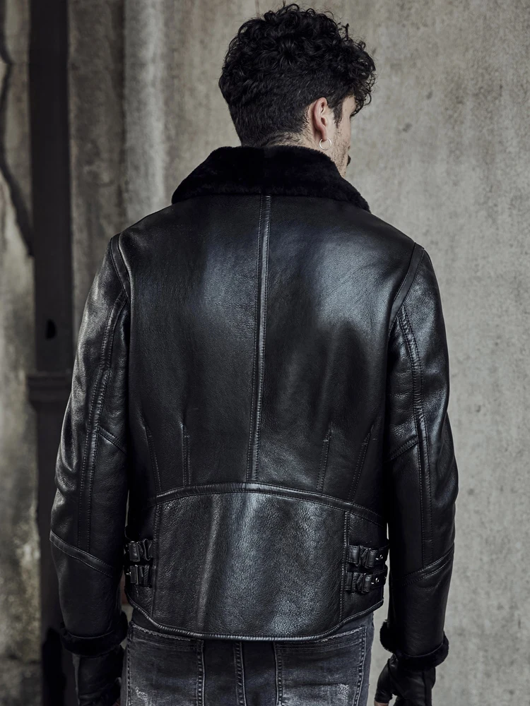 Мотоциклетная Мужская куртка из овчины кожаная пилот мужское меховое пальто