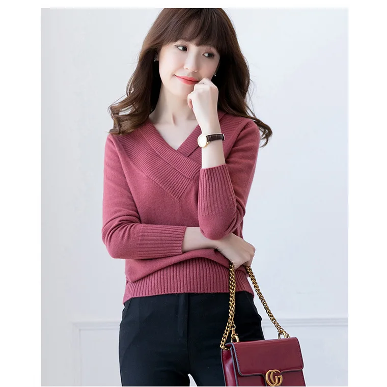 

Promotional cashmere sweater women's head short sweater Korean V-neck versatile loose sweater long-sleeved solid color shirt