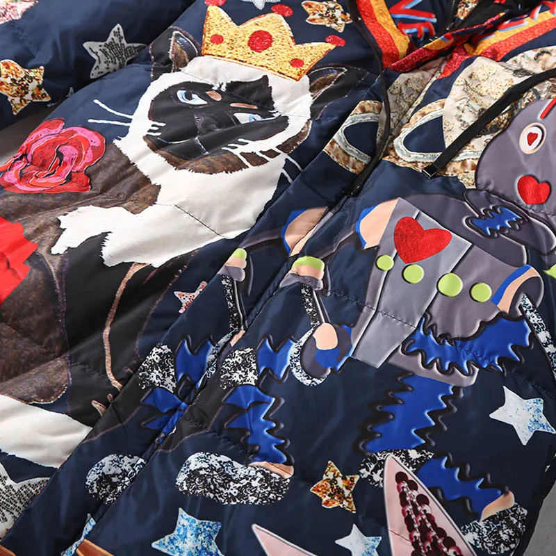 Women Winter Long Thick Duck Down Jacket and Coat Femme Cartoon Cat Print Harajuku Feather Puffer Jacket Down Parka 505