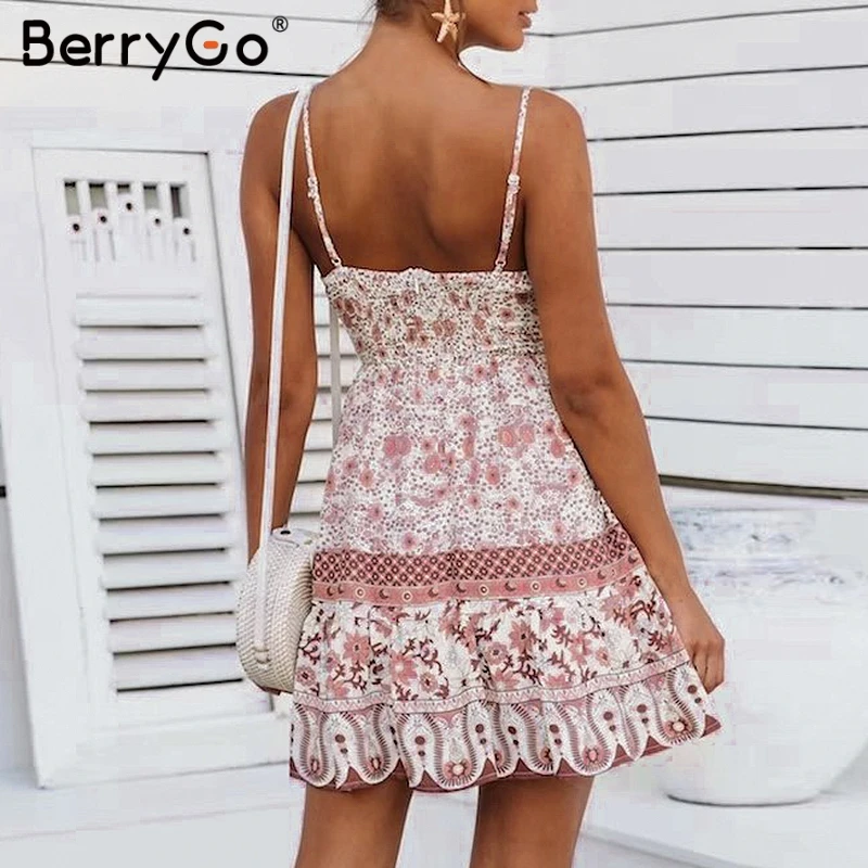 BerryGo Boho платья с v-образным вырезом и принтом женские Мини Летнее платье на