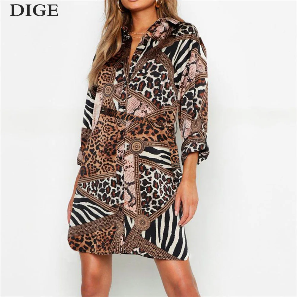 Женское леопардовое платье рубашка повседневное шифоновое с винтажным принтом и