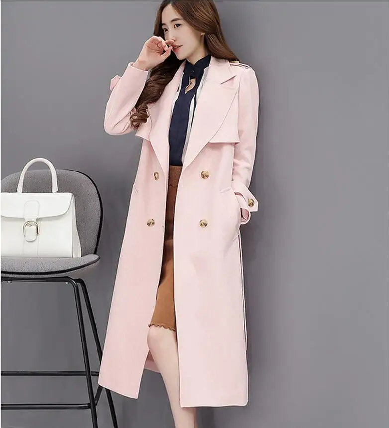 Весенне осенний Новый Розовый Женский Тренч 2017 длинный Повседневный однобортный