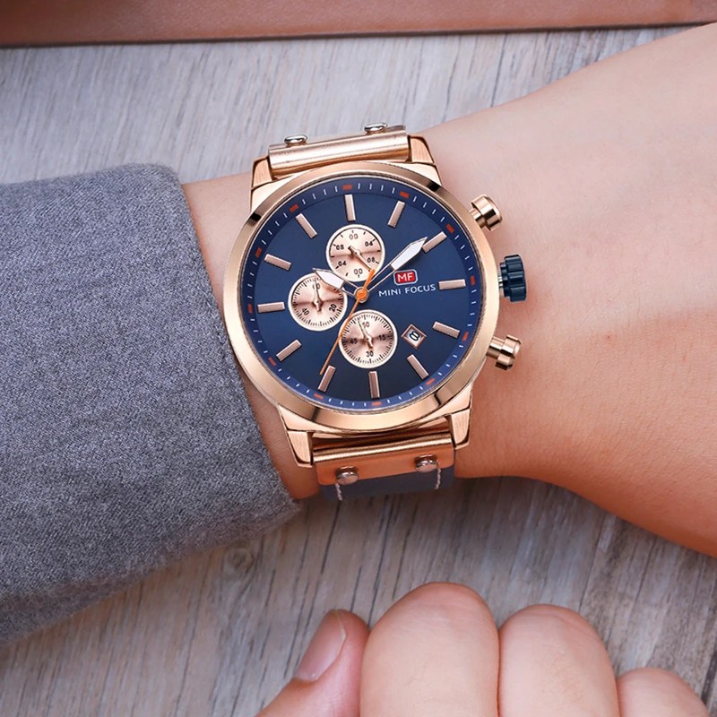 Модные часы MINI FOCUS мужские водонепроницаемые наручные с кожаным ремешком