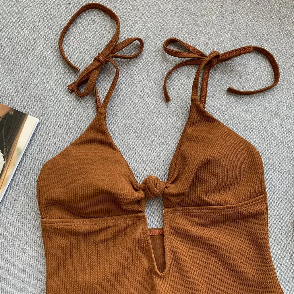 Женский летний Цельный купальник бандаж однотонный оранжевый галстук открытая