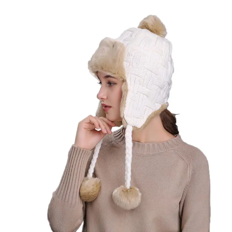 White(solid) 11 Styles Women Winter Thicken Lining Earflap Hat Knitted Contrast Color Snow Ski Beanie Cap Pompom Ball Long Tassels Ear Warmer - Цвет: White(solid)