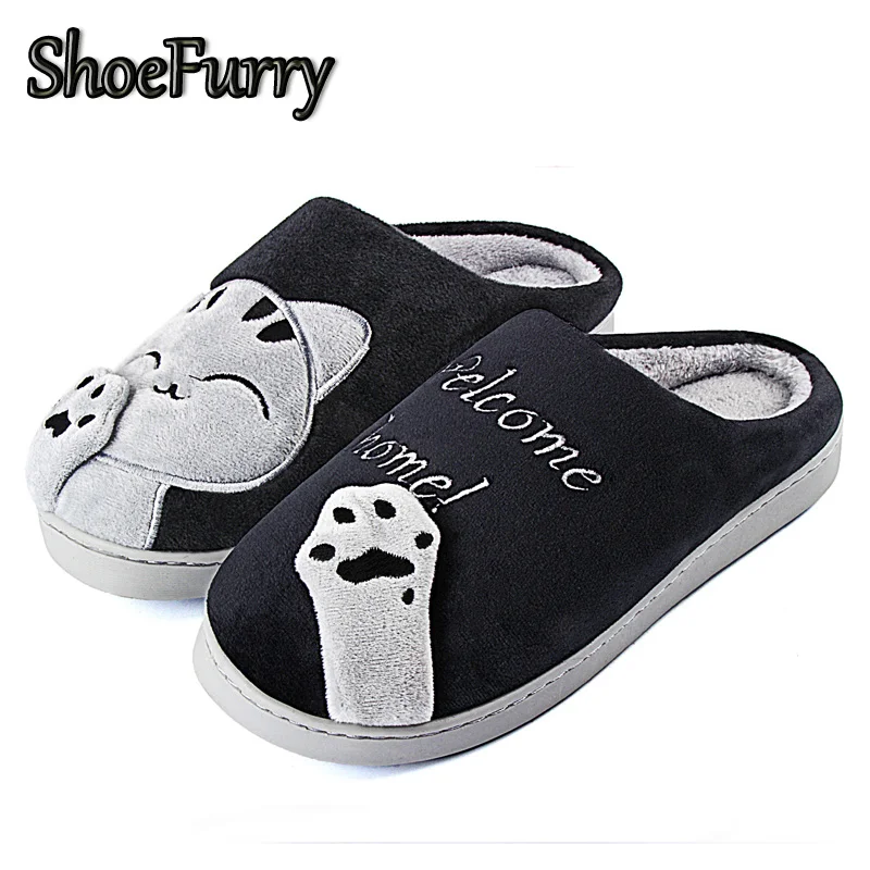 ShoeFurry/домашние тапочки; хлопковая обувь; коллекция года; зимние домашние тапочки с рисунком кота; мужские Нескользящие мягкие тапочки; теплые плюшевые Тапочки Мужские тапочки для спальни Осень сгущает обувь