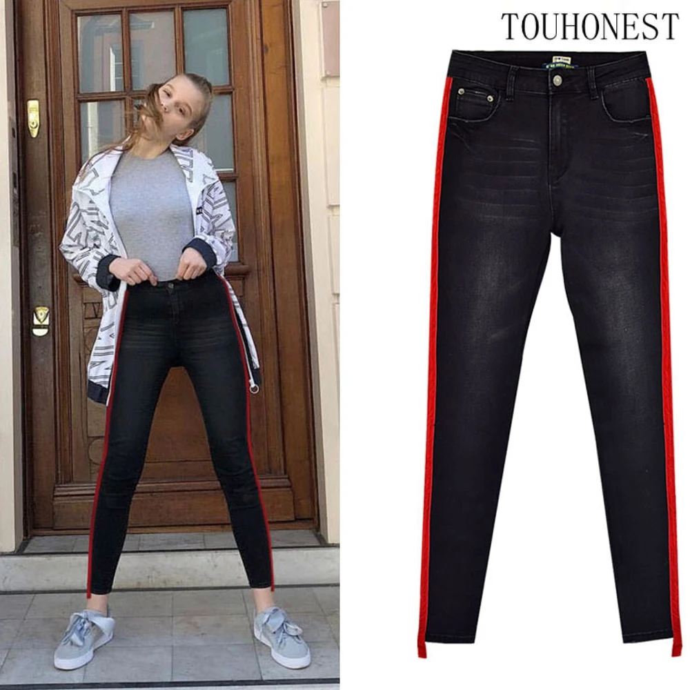 Узкие черные джинсы женские Высокая Талия Тонкий Усы эффект с растянуть