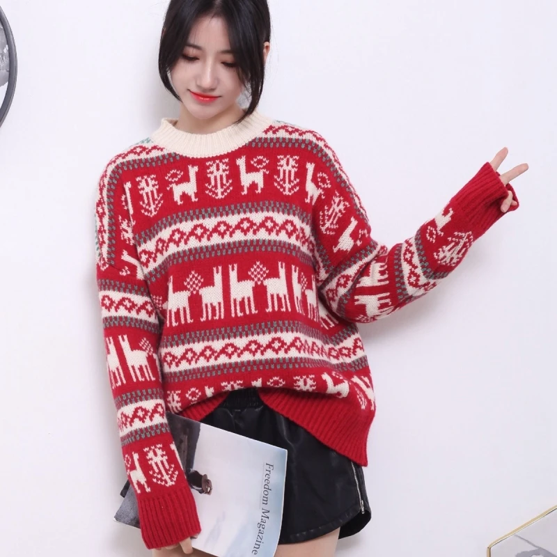 Winter Women Christmas Sweater with Deer Jacquard Korean O-neck Long Sleeve Pullover Thicken Warm Loose Casual knitted Sweaters | Женская