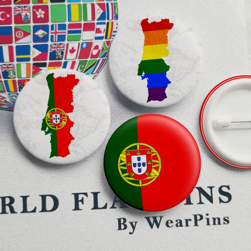 

Portugal Flag Map Tin Button Pins LGBT Gay Rainbow Pride Tin Button Badges