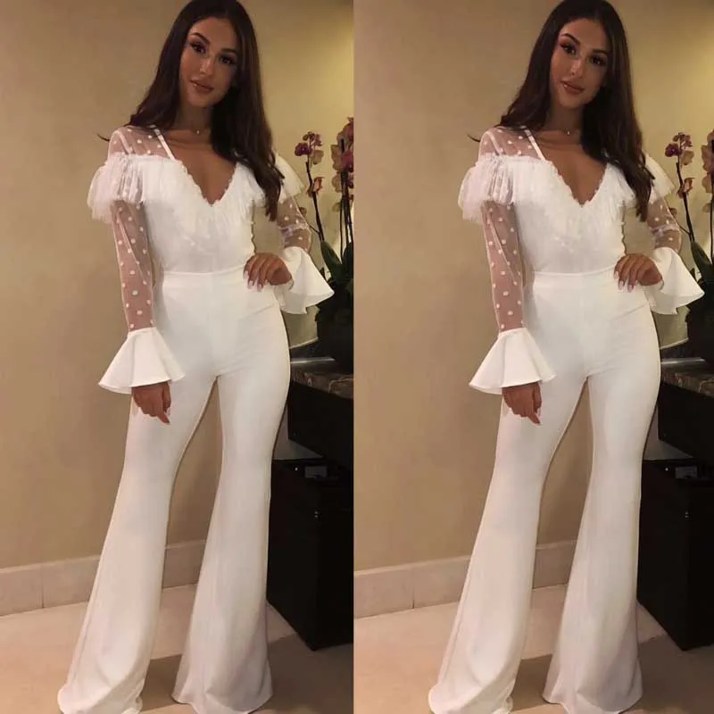 wholesale Newest Celebrity Party Bandage Jumpsuit White lace Long sleeve V-neck sexy perspective Length Women | Женская одежда