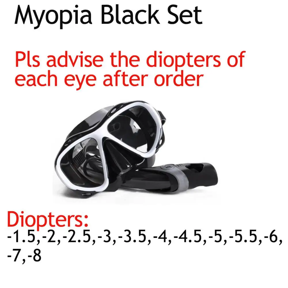 Myopia Black Set YONSUB близорукость закаленное погружение оптические линзы маска дайвинг маска трубка набор подводный анти туман и трубка Дайвинг оборудование - Цвет: Myopia Black Set