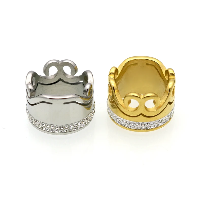 Мода модные Кольца из нержавейки Для женщин мужчин Кристалл Rhinestone Золото Цвет
