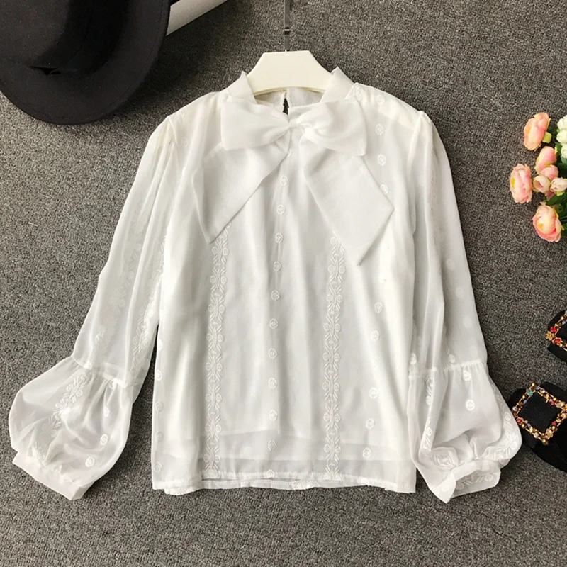 Женская шифоновая блузка с длинным рукавом элегантная офисная белая бантом и