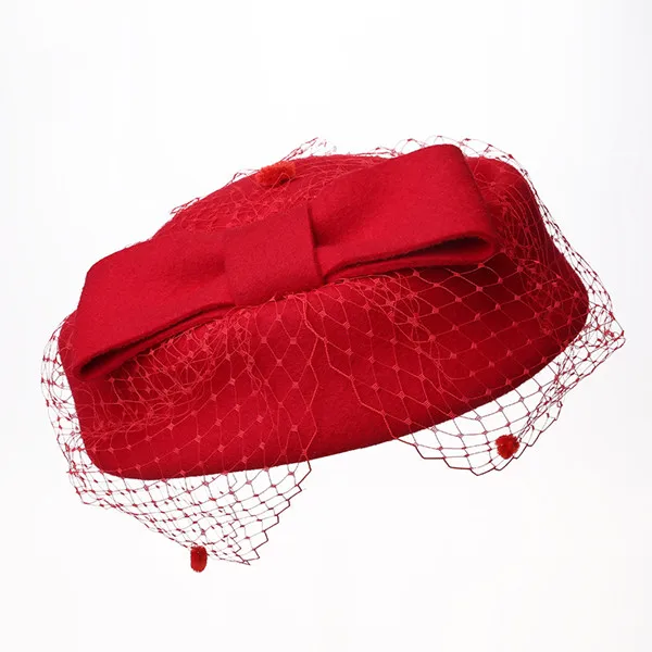 Red Fascinator Hats for Women Fedora Hats Black Red Autumn Winter Veil Wool Felt Pillbox Hat for Formal Cocktail Party Wedding Hat - Color: Red
