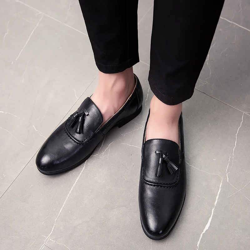 

YEINSHAARS New Men Tassel Loafers PU Leather Formal Shoes Elegant Dress Shoe Simple Slip On Man Casual Footwear Large Size 46