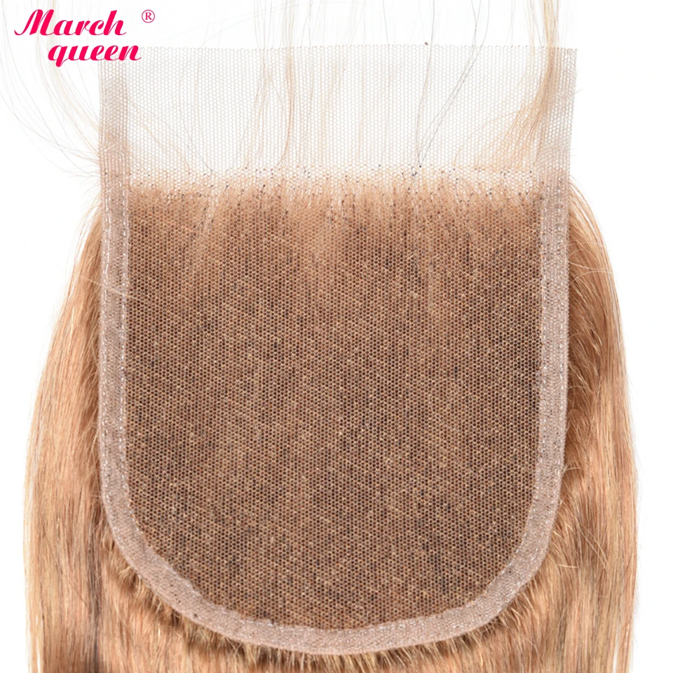 

March Queen #27 Peruvian Straight Hair With Closure Honey Blonde Color Human Hair 3 Bundles With 4X4 Lace Closure150% Non-Remy