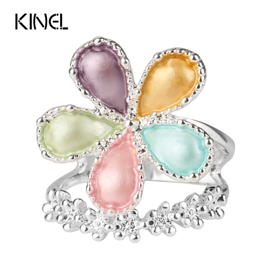 Женские кольца с эмалью Kinel обручальное кольцо серебряного цвета лепестками