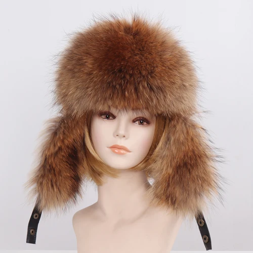 Raccoon fur Новинка, зимняя шапка с натуральным мехом для женщин и мужчин, мех енота, лисы, русские шапки-ушанки, унисекс, Толстая теплая шапка-бомбер с ушками из овечьей кожи - Цвет: Raccoon fur