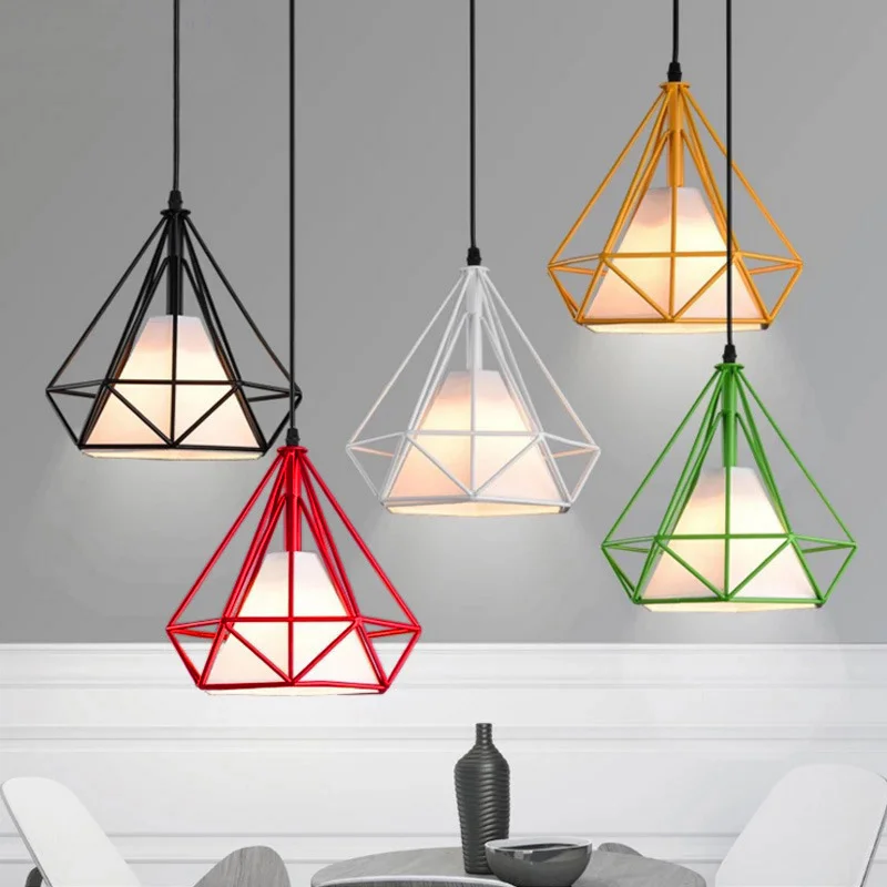 

Modern multicolor birdcage pendant light iron retro Scandinavian loft pyramid pendant lamp metal cage E27 living room pendant